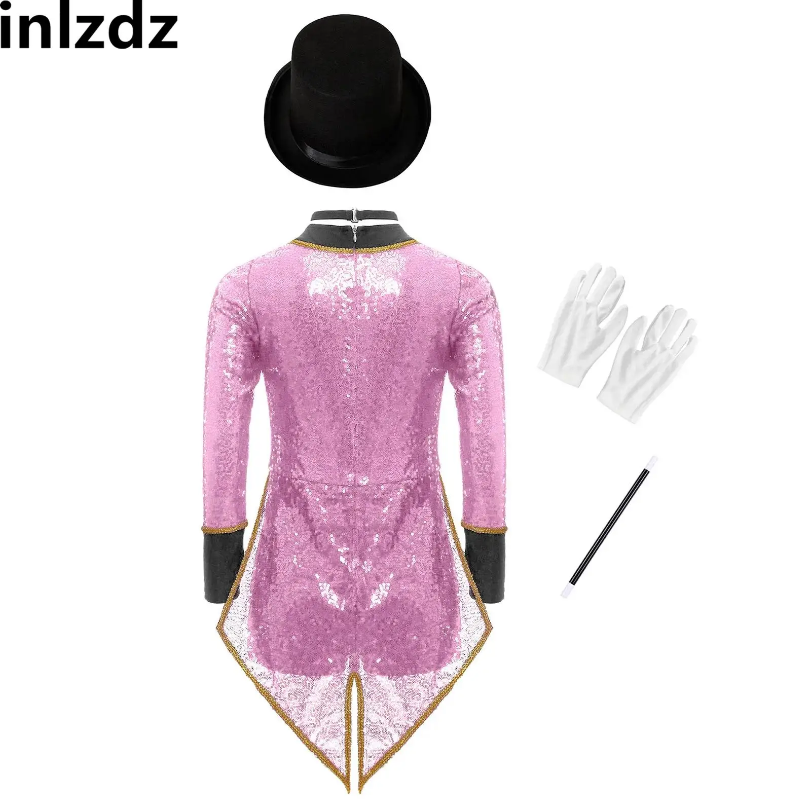 

5Pcs Girls Boys Magician Circus Ringmaster Cosplay Costume Halloween Long Sleeve Sequin Tailcoat Bodysuit with Magic Accessories