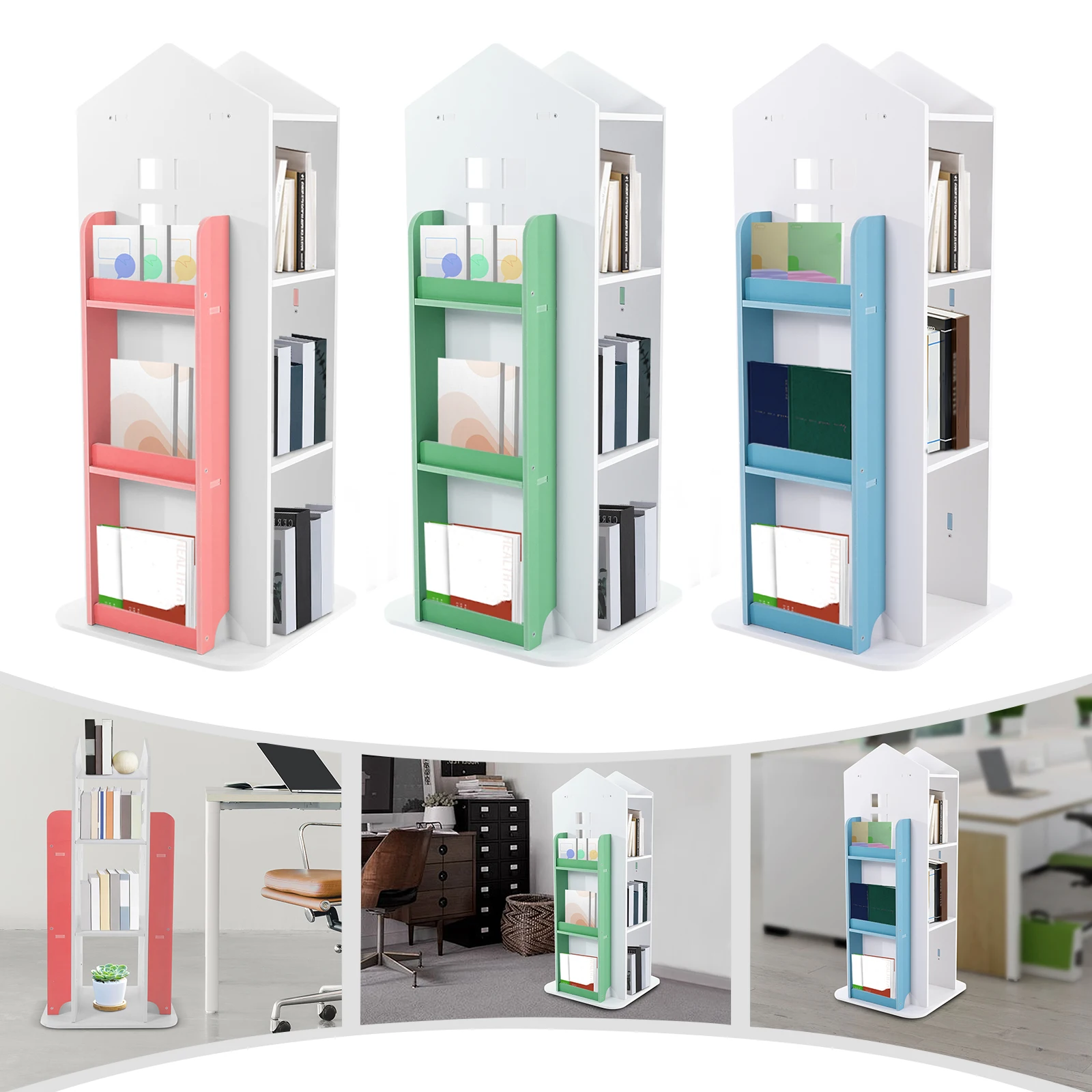 360° Rotating Bookshelf, Kids Bookshelf with Baffles, Revolving Corner Bookshelf for Children's Bedrooms, Study Rooms