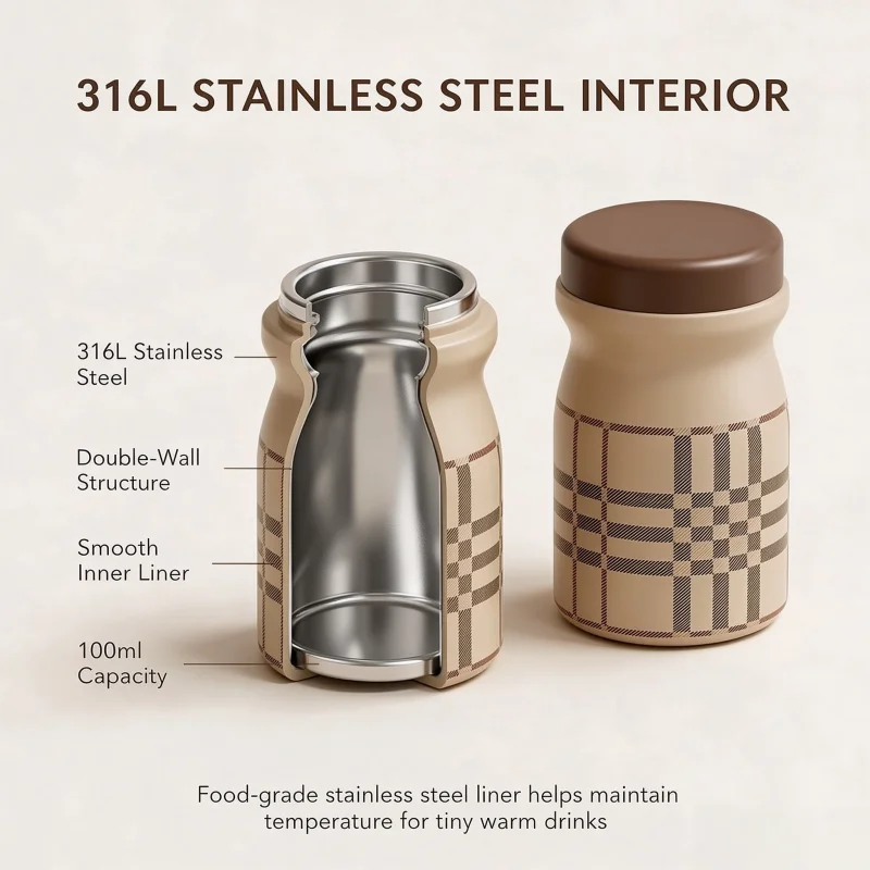 100ml Mini Pocket Thermos 316 Stainless Steel Cute Plaid Vacuum Insulated Water Bottle Portable Small Coffee Mug For Girls