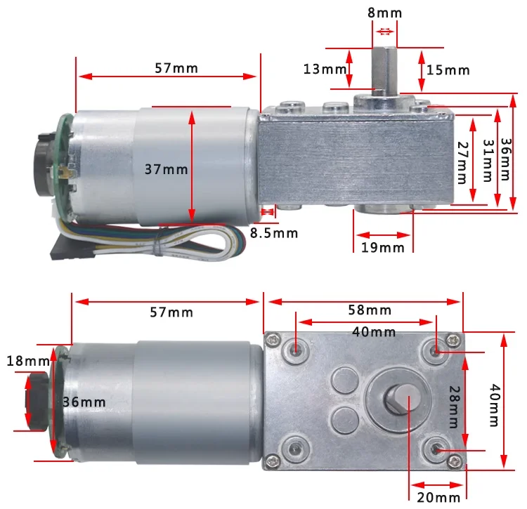 5840-555 58mm * 40mm 12V 24V DC Wormwielmotor met Encoder Zelfsluitend ​ ​ Instelbare snelheid CW CCW 60KG.CM