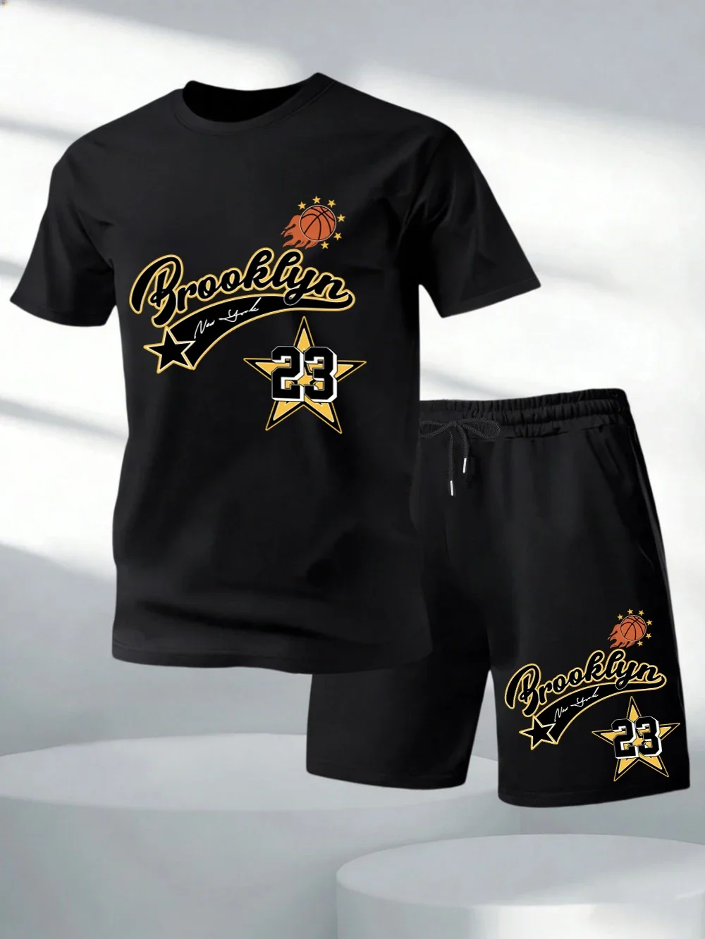 

Two Pieces Set New York Brooklyn 23 Prints T-Shirts Shorts Mens O-Neck Oversized Soft Tops High Waisted Pocket Male Shorts Set