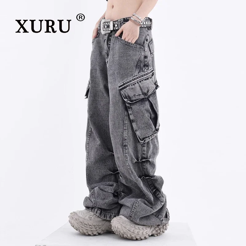 XURU-Women's Stacked Wide Leg Jeans, Pockets Work Pants, European and American, New Retro Wear, K27