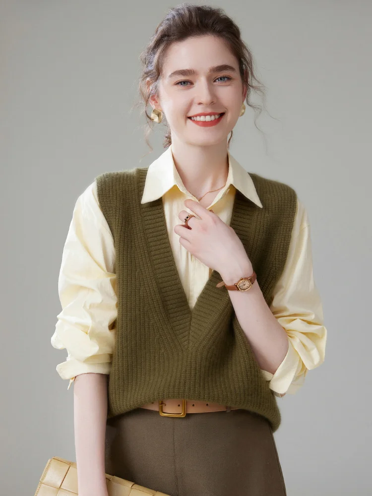 

Women's Big V-neck Pullover Sleeveless Vest Cashmere Sweater Autumn Winter 100% Cashmere Knitwear Office Lady Thicken Waistcoat