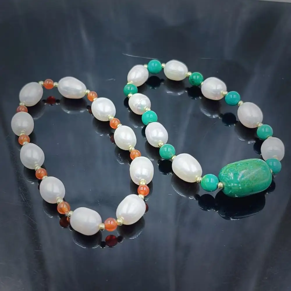 2 Style Red Aagte Green Turquoise Rice Olivary Real Natural Freshwater Pearl Elastic Woman Bracelet