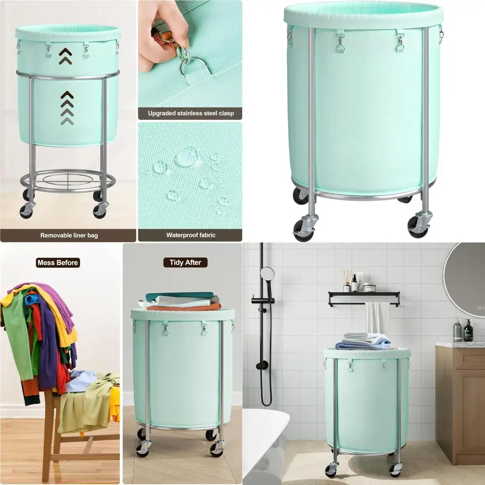 

Корзина для белья на колесиках 170 л со съемным мешком, стальной рамой, 4 колесами и 2 тормозами, идеально подходит для домашнего использования, мятно-зеленая