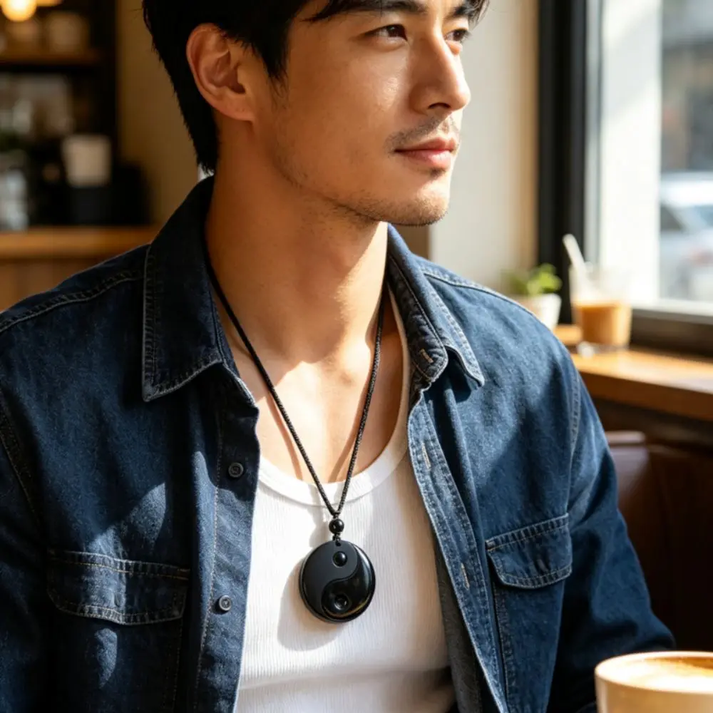 Fashion Black Yin Yang Necklace Daily Wear Amulet Tai Chi Pendant Stone Lucky Obsidian Necklace Men Women
