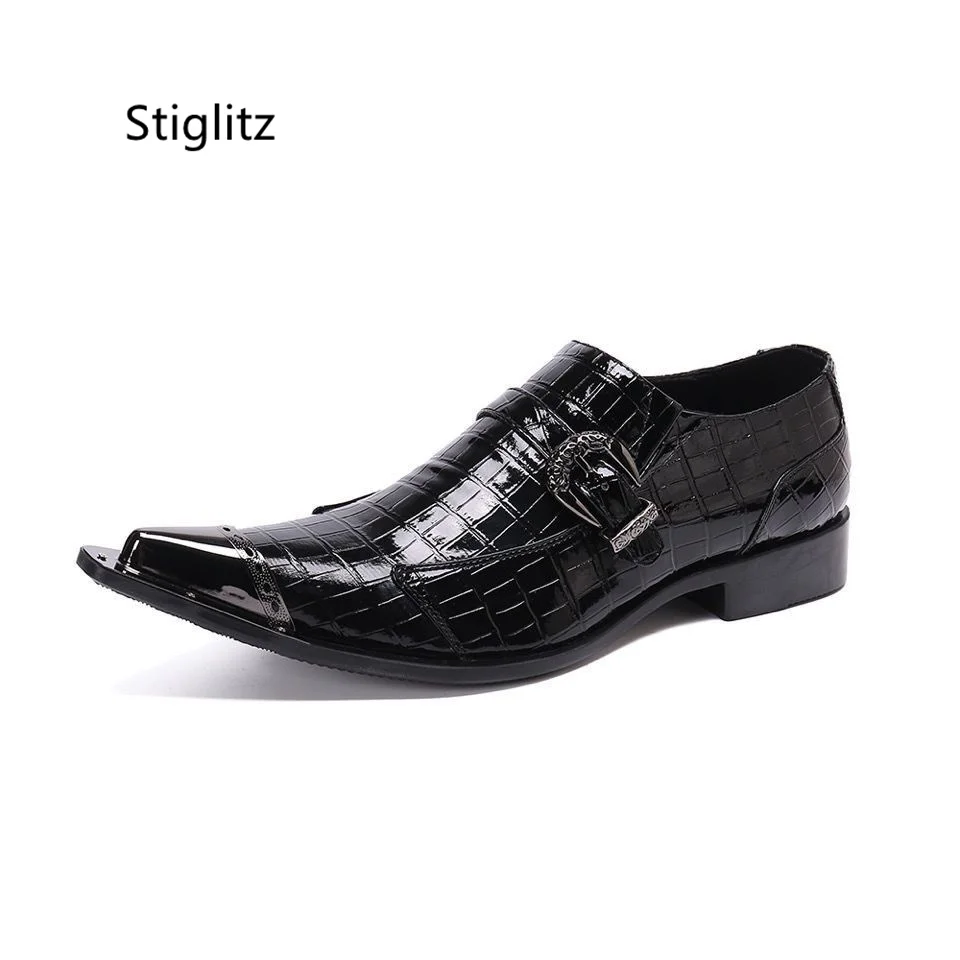 

Belt Buckle Black Leather Shoes for Men Metal Pointed Toe Casual Business Shoes Slip On Gingham Dress Office Wedding Shoes Male