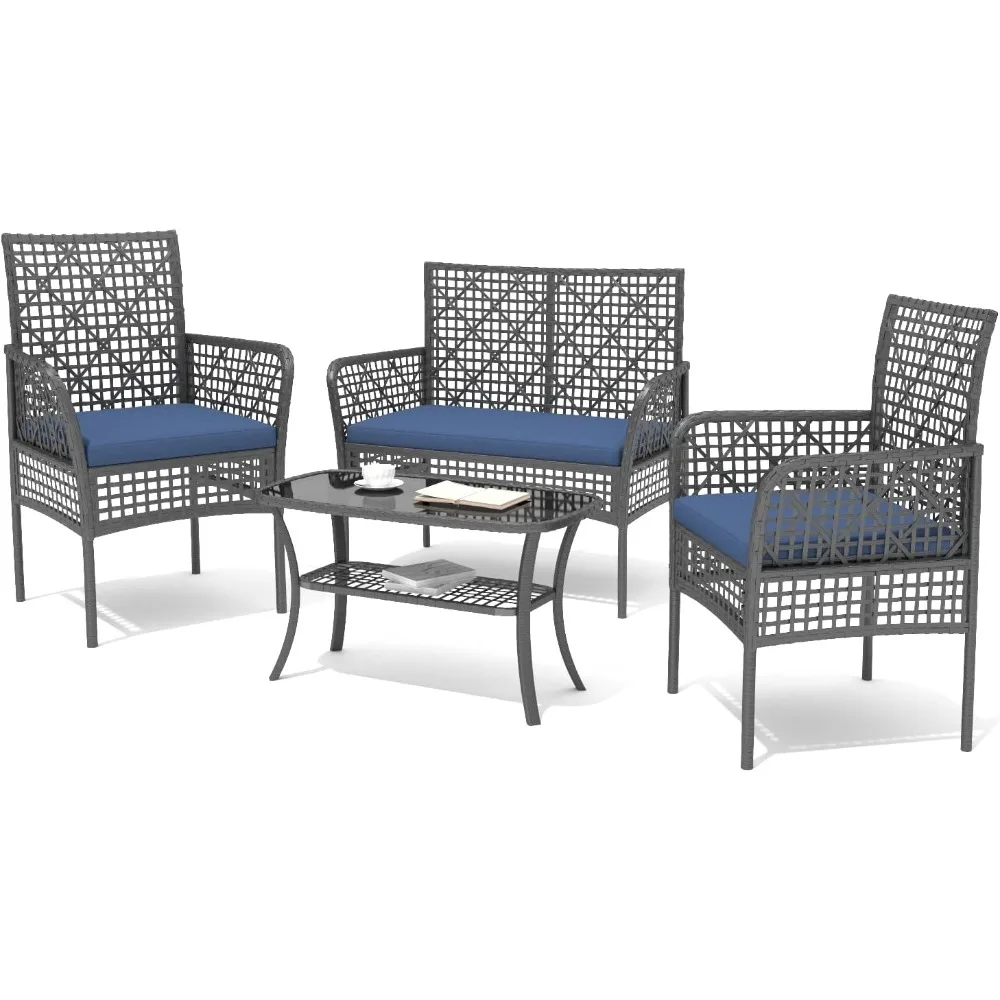 4-piece rattan terrace sofa furniture with double-layer coffee table and weather resistant soft cushion sofa