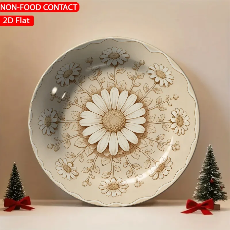 1pc Vintage Floral Daisy Beige Ceramic Plate Non-Food Contact, Home Desk Ornaments, Living Room And Bedroom Decorations,