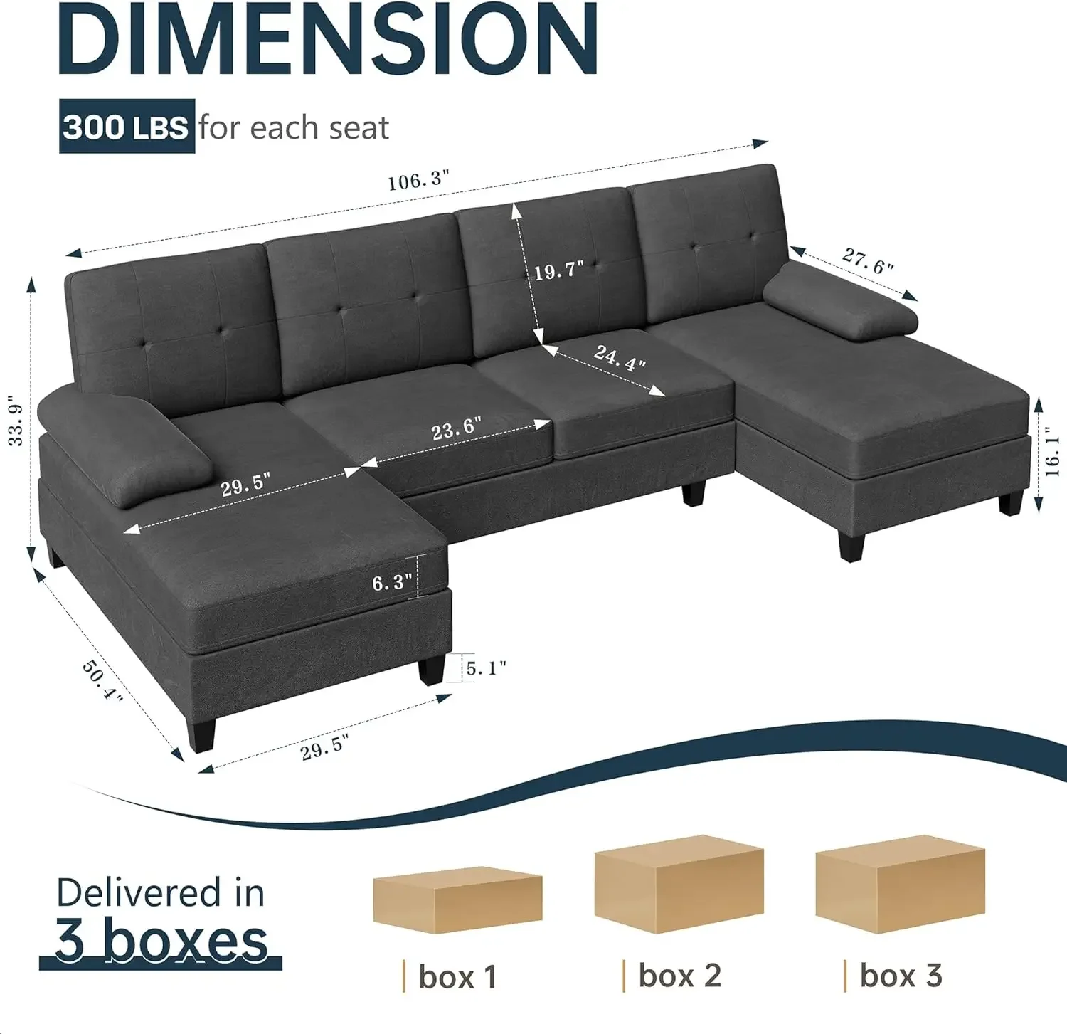 

4 Seat Sofa Set U-Shaped Couch with Wide Double Chaise Lounges, 106in Sofa Fabric Large Couch with Oversized Seats (Black)