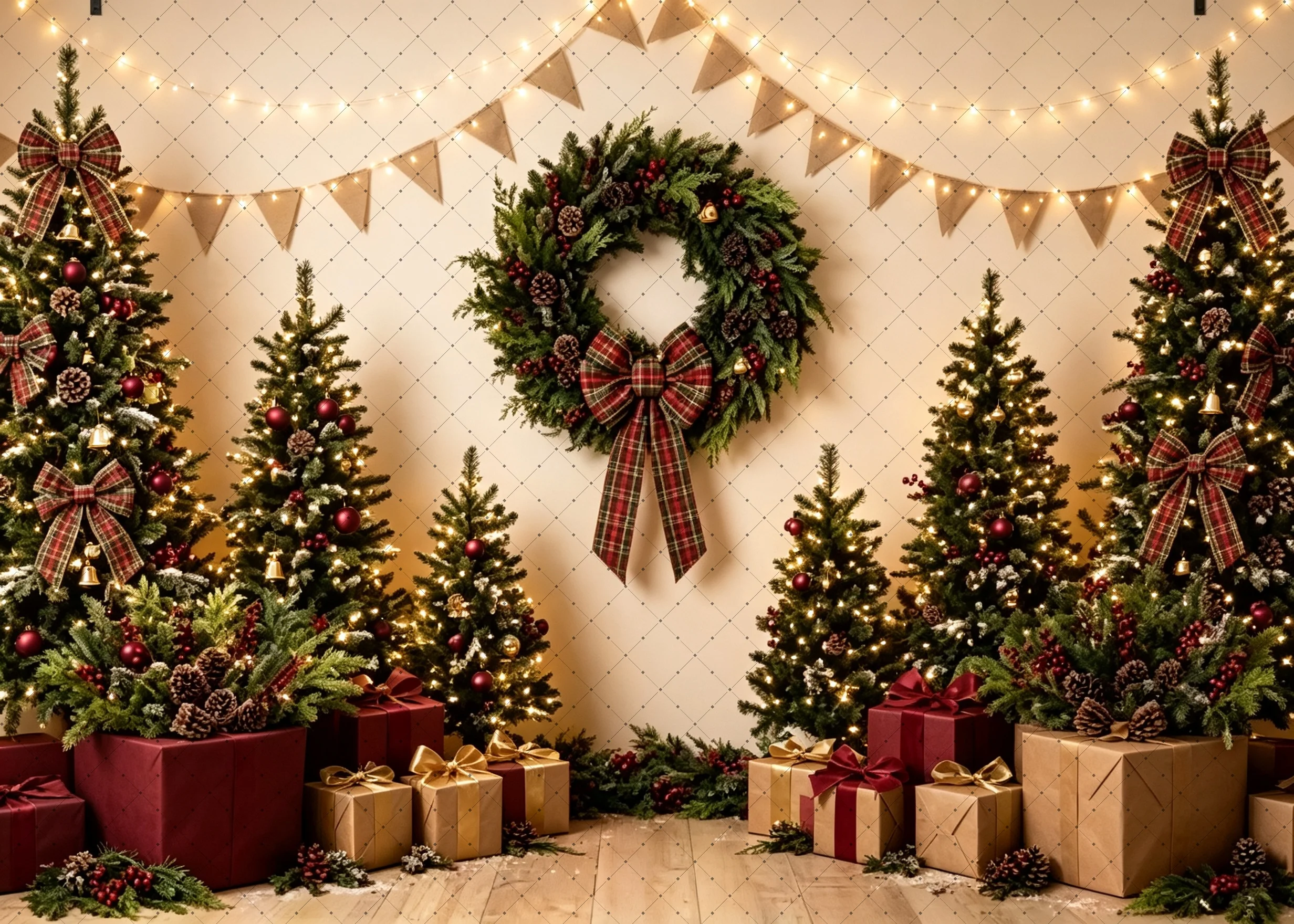Christmas Photo Backdrop Rustic Indoor Scene Bow Wreath Small Christmas Trees Garland Gift Boxes for Holiday Studio Photography