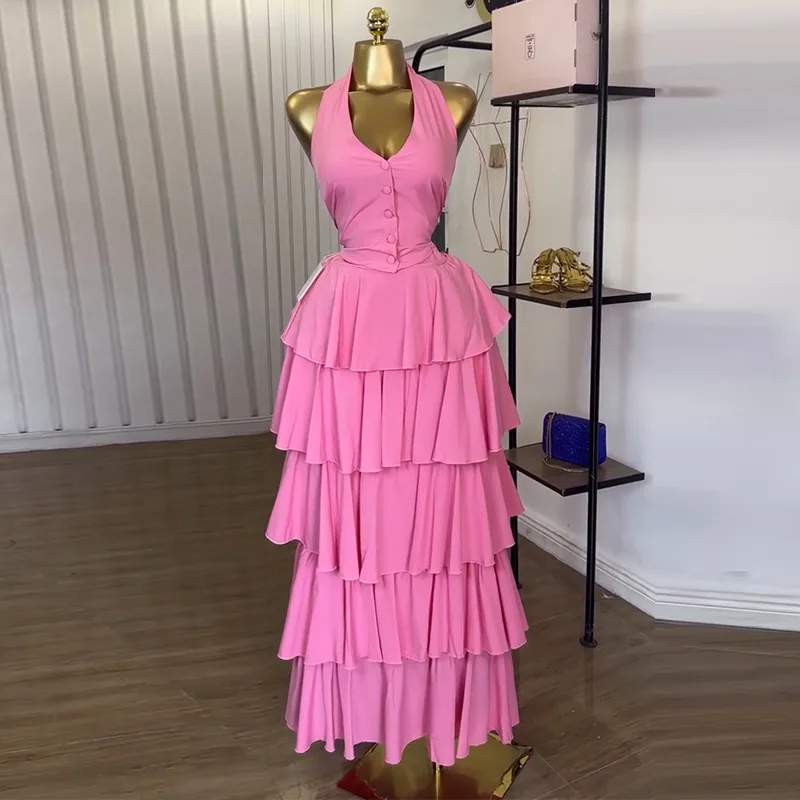 

2026 Summer Women Two Piece Sets Dress Set Halter V Neck Vestidos Long Cake Skirts A Line Button Up Y2K Evening Lace-up Skirts
