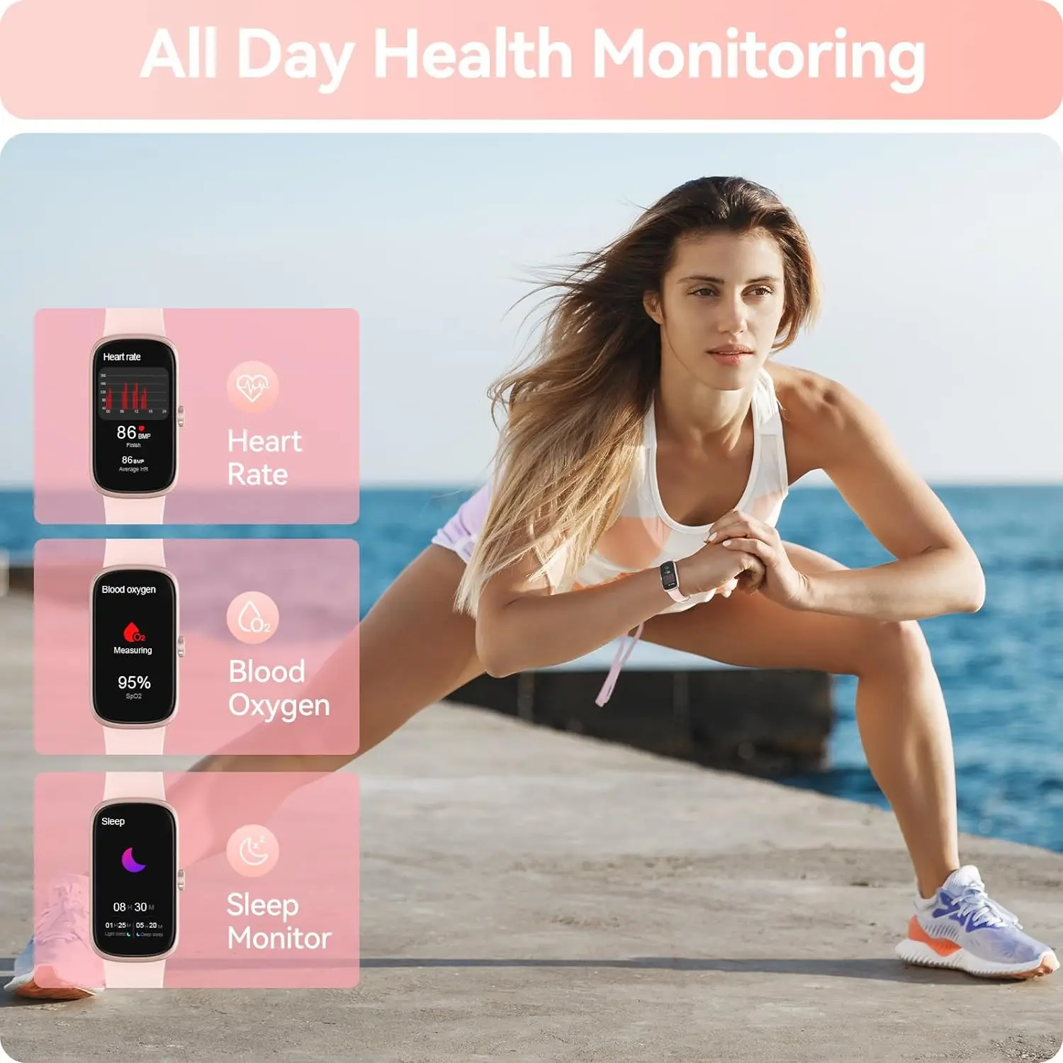 Rastreador de Fitness con Monitor de ritmo cardíaco, oxígeno en sangre, sueño, IP68, impermeable, actividad y podómetro, relojes inteligentes para mujeres y hombres