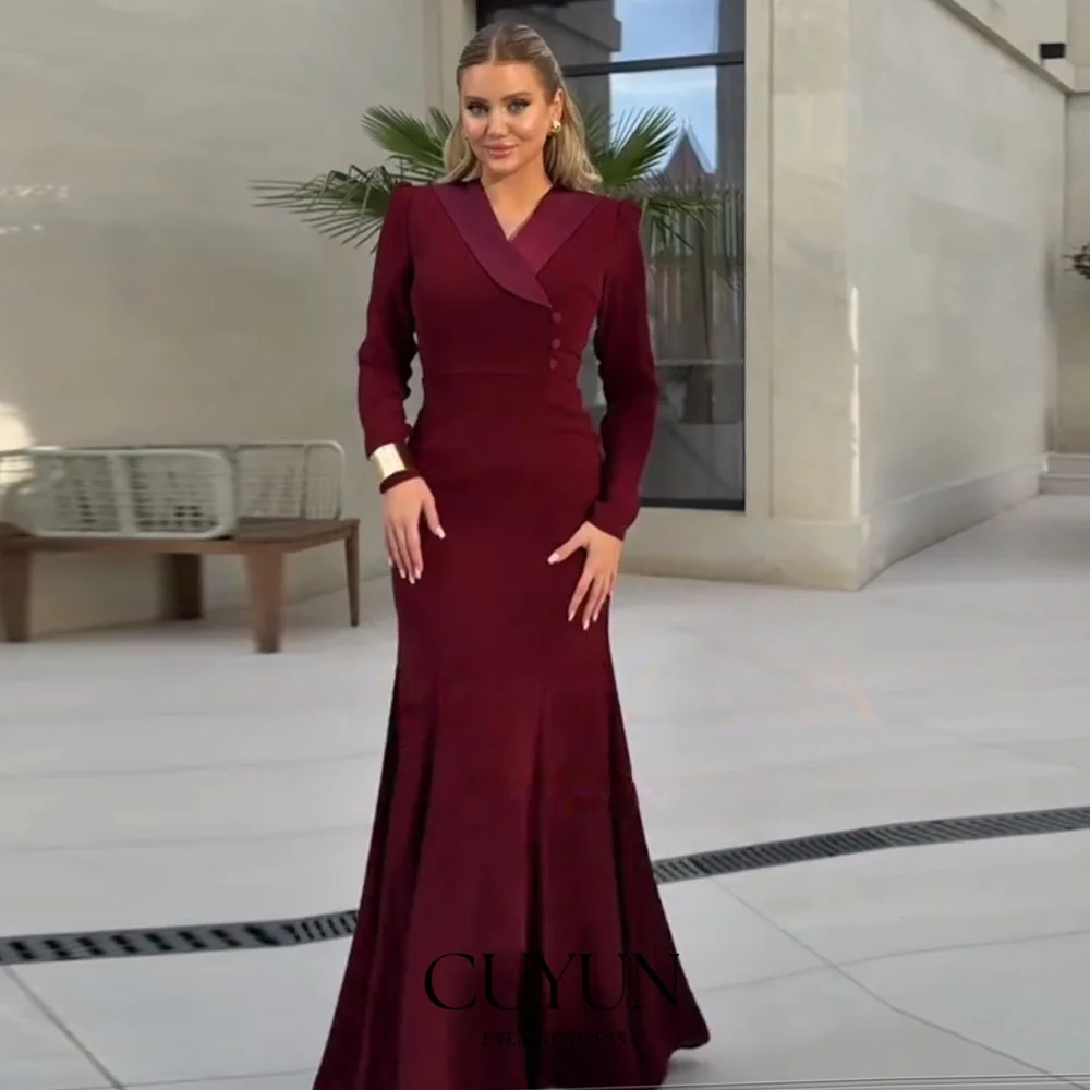 

CUYUN бордовое скромное женское вечернее платье с v-образным вырезом и длинными рукавами, полурусалка, вечернее платье, индивидуальное свадебное платье для гостей