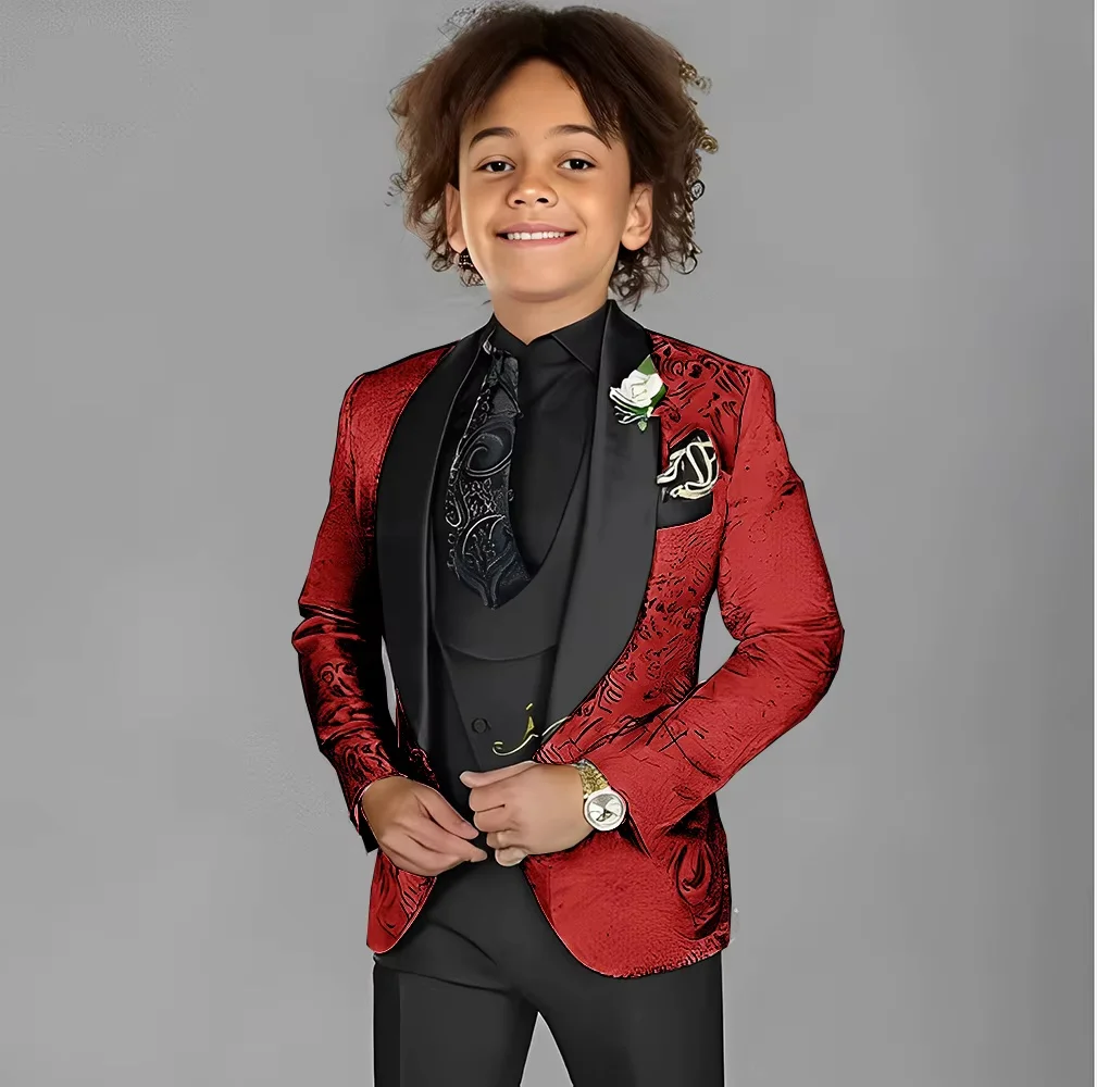 Red Jacquard Suit For Boy Kid Wedding Tuxedos Formal Wear Birthday Stage Performance Costumes 3PCS Set Blazer Vest Pants Set