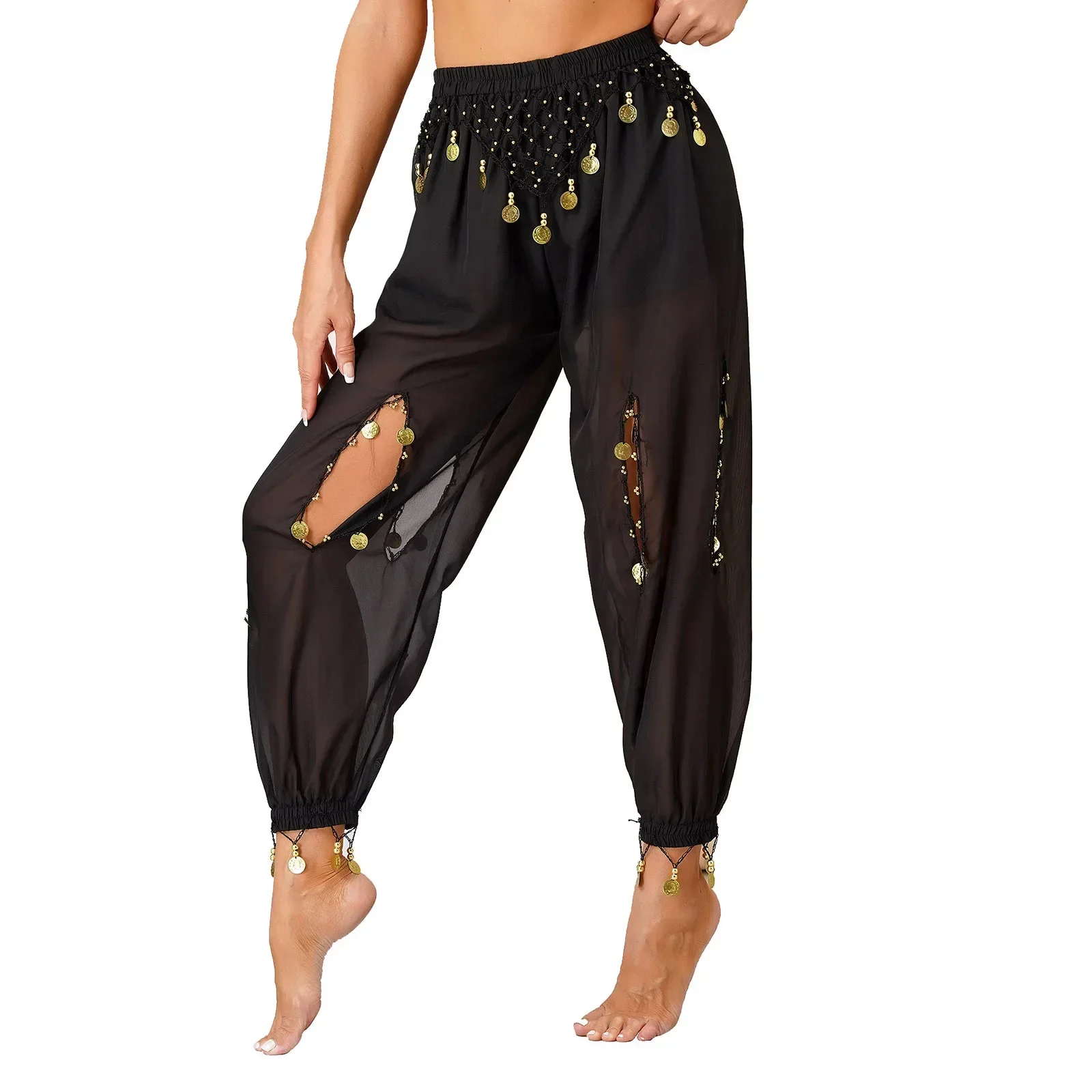 Pantaloni da danza del ventre con ciondolo a forma di monete con perline scavate da donna Semi-See-anche se pantaloni da Performance sul palco in Chiffon