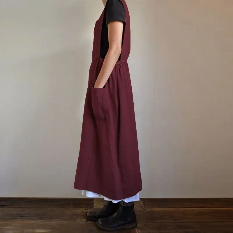 3 Color Oversized S-5XL Loose Cotton Linen Apron Midi Dress For Women Casual Pocket Homewear Solid Color Kitchen Uniform