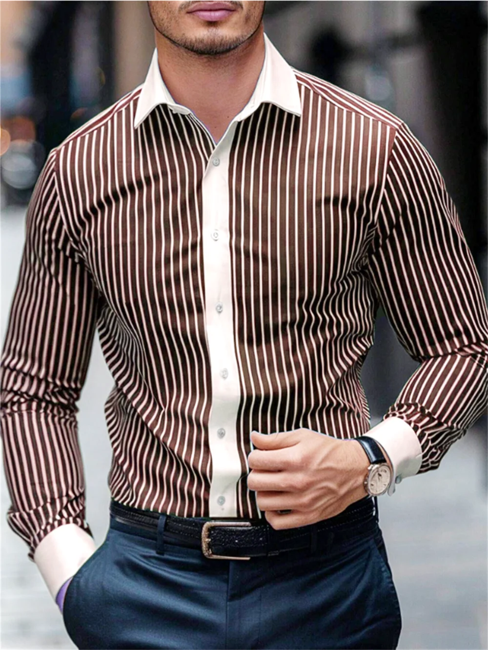 Spring and autumn casual men\'s shirts casual sports striped long sleeve shirts lapel large size men\'s clothing button design