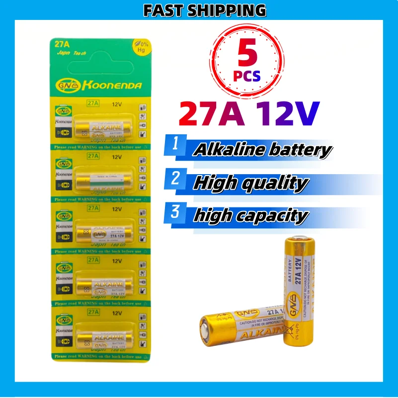 

5PCS 27A 12V Alkaline Battery for Doorbell walkman Car Alarm Remote Control A27 27A G27A MN27 MS27 GP27 V27GA ALK27A dry battery