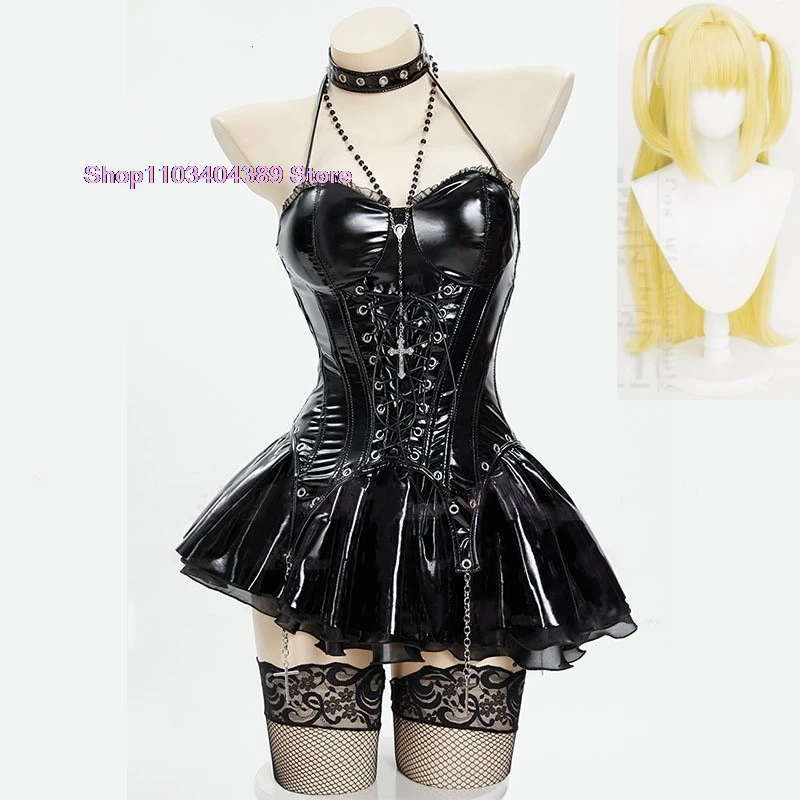 In Stock Miss Misa Halloween Gothic  Black Lace-up Corset Top and Skirt with Net Stockings and Sleeves Cosplay Costume and Wig