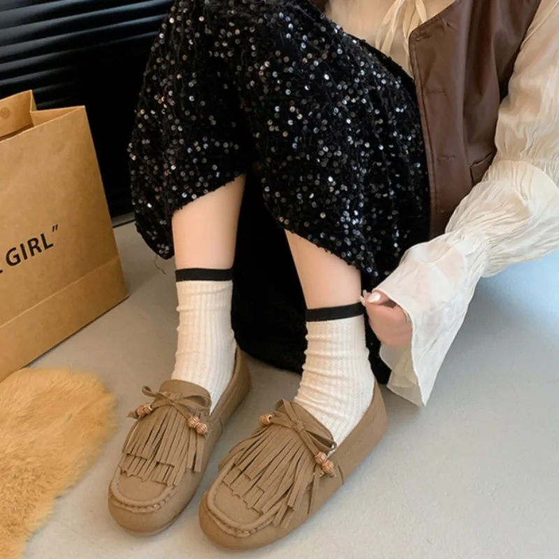 Women's Fashion Single Shoes Autumn New Round Head Deep Mouth Fringe Butterfly Knot Soft Sole Non-slip Single Shoes