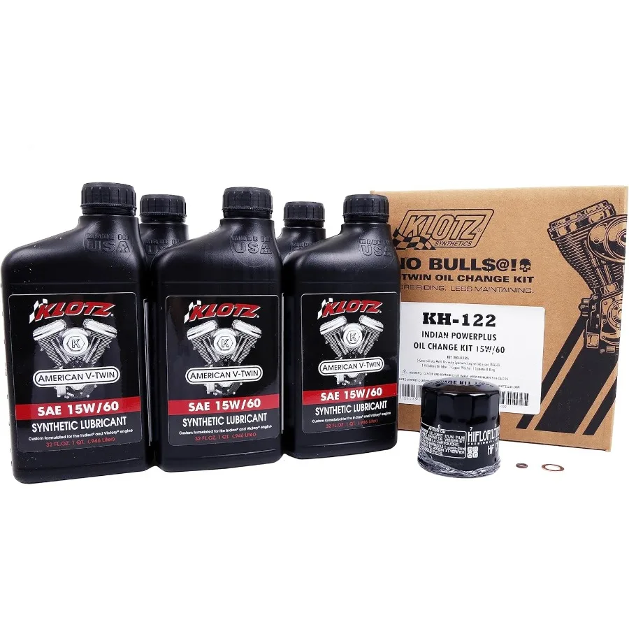 

Klotz 5 Quart 15W-60 Synthetic Oil Change Kit for Indian PowerPlus Motorcycle: High-Performance Engine Protection Easy DIY Main