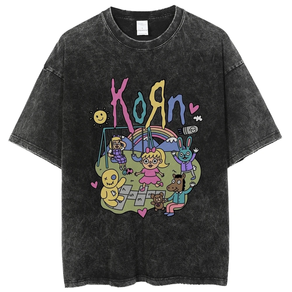 Fashion Trend New T-Shirt Anthropomorphic Animal And Little Girl Amusement Park Print Washed Denim Loose Short Sleeves