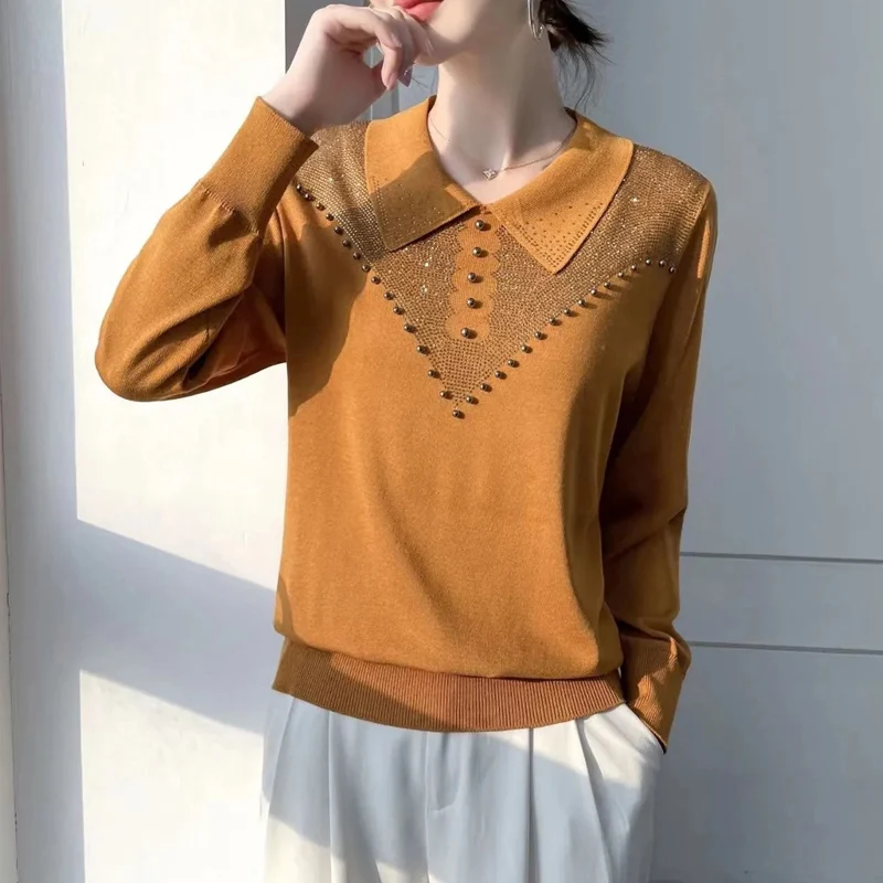 Spring Autumn New Solid Color Doll Collar Long Sleeve Ice Silk Fabric Knitting Pullovers Women Diamonds Embroidered Flares Tops