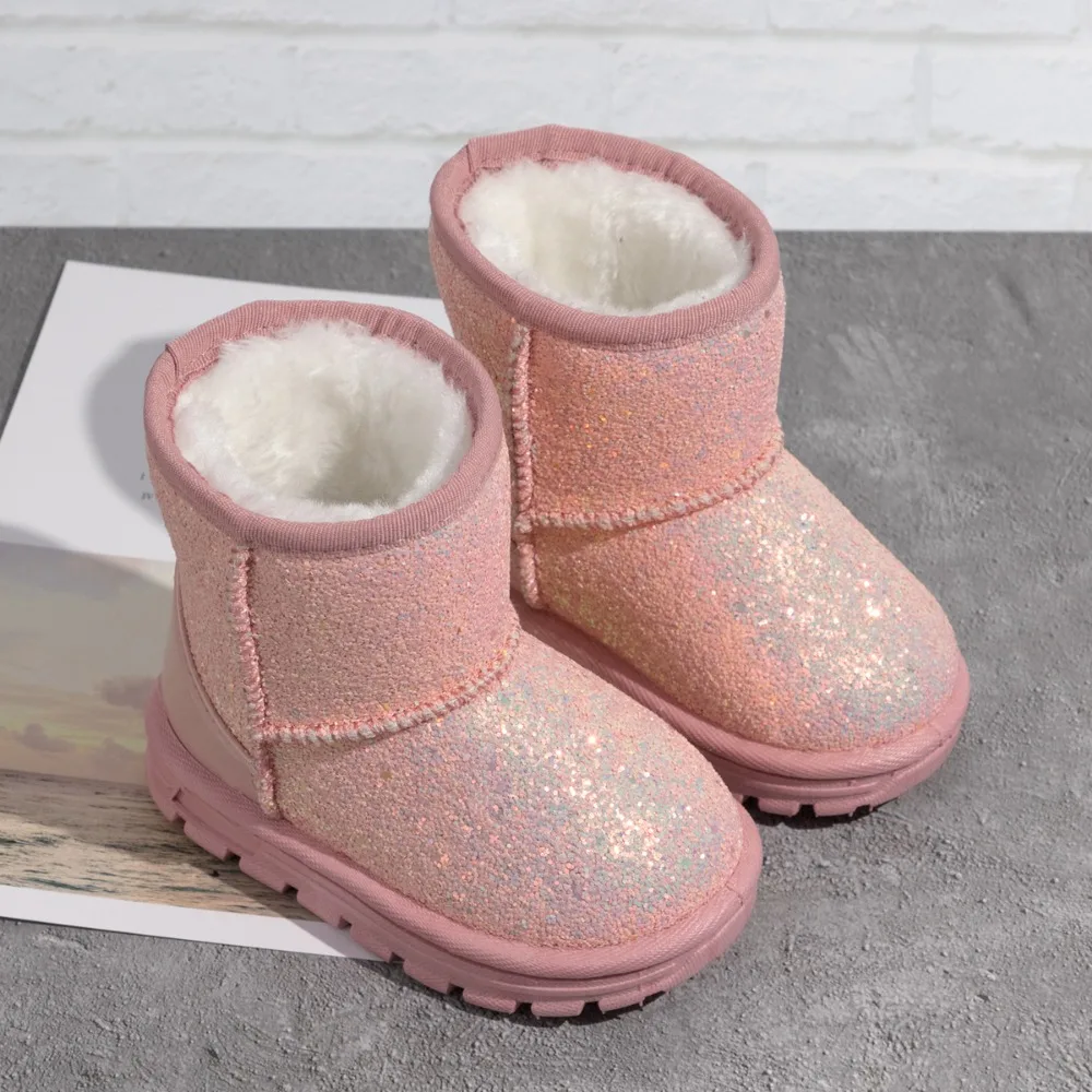 Winters Kids Booties Children's Boys Girls Shoes Warmer Fluff Fashions Sequin Non-slip Rubber Sole Children's Snow Boots