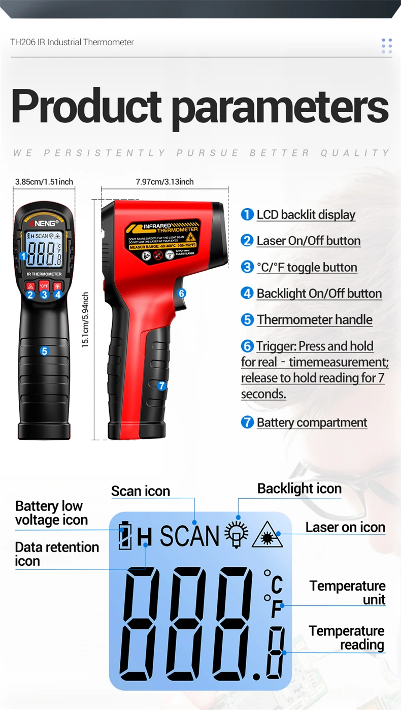 ANENG TH206 Infrarot-Thermometer ‑50 ℃ ‑400 ℃ 12:1 D:S-Verhältnis Laser-Zielung ℃ / ℉ Berührungsloser Temperaturmesser mit Datenhaltefunktion und Hintergrundbeleuchtung – Detail 11