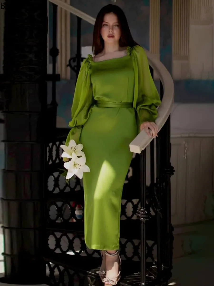 

Summer New Women Dresses Sexy Slim Fit Puff Sleeve Square Collar Elegant Maxi Dress Fashion Lace Up Chiffon Dress Vestidos Femme