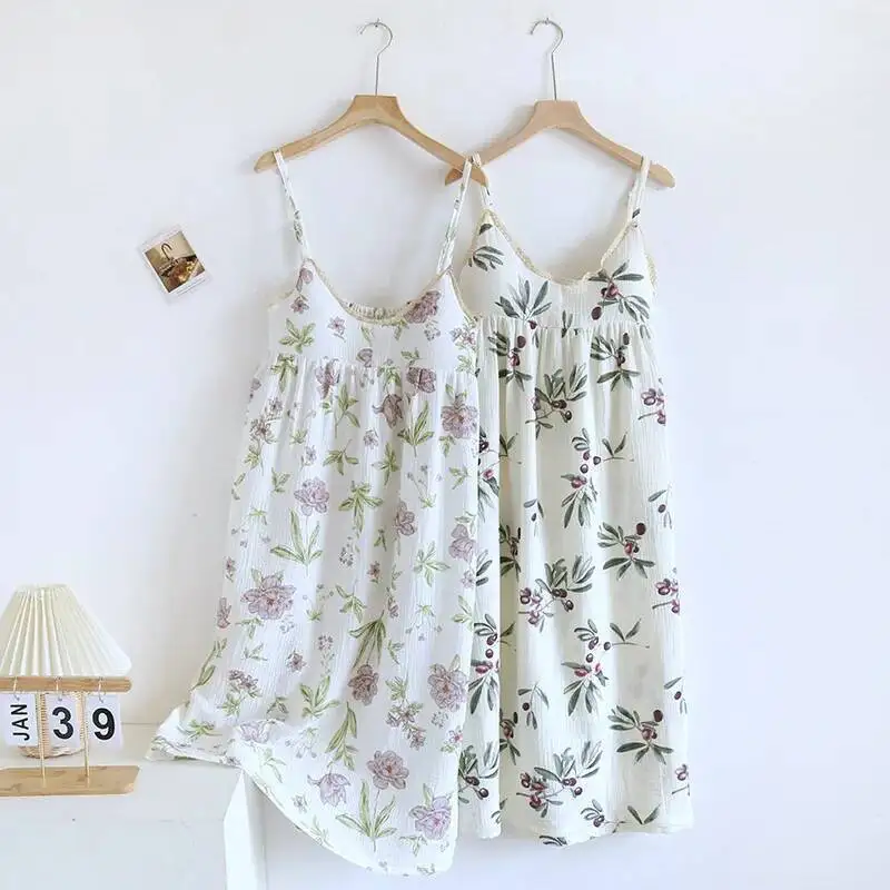 

Ночная рубашка на бретельках с цветочным принтом, ночная рубашка для женщин, летнее тонкое стильное платье без бюстгальтера, сексуальное домашнее хлопковое платье средней длины для сна