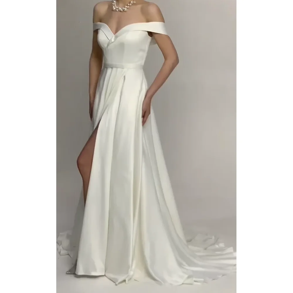 

Ivory Wedding Dress 2025 Satin Bridal Gowns Off the Shoulder Zipper Back Side Split Satin Wedding Dresses