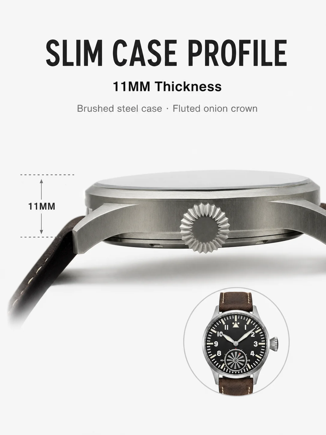 Mechanische Pilotenuhr mit individuellem Logo für Herren, ST3621 Handaufzug, 43mm, Saphirglas, Lederarmband, Zifferblatt, Schließe, Krone, personalisiert – Detail 4