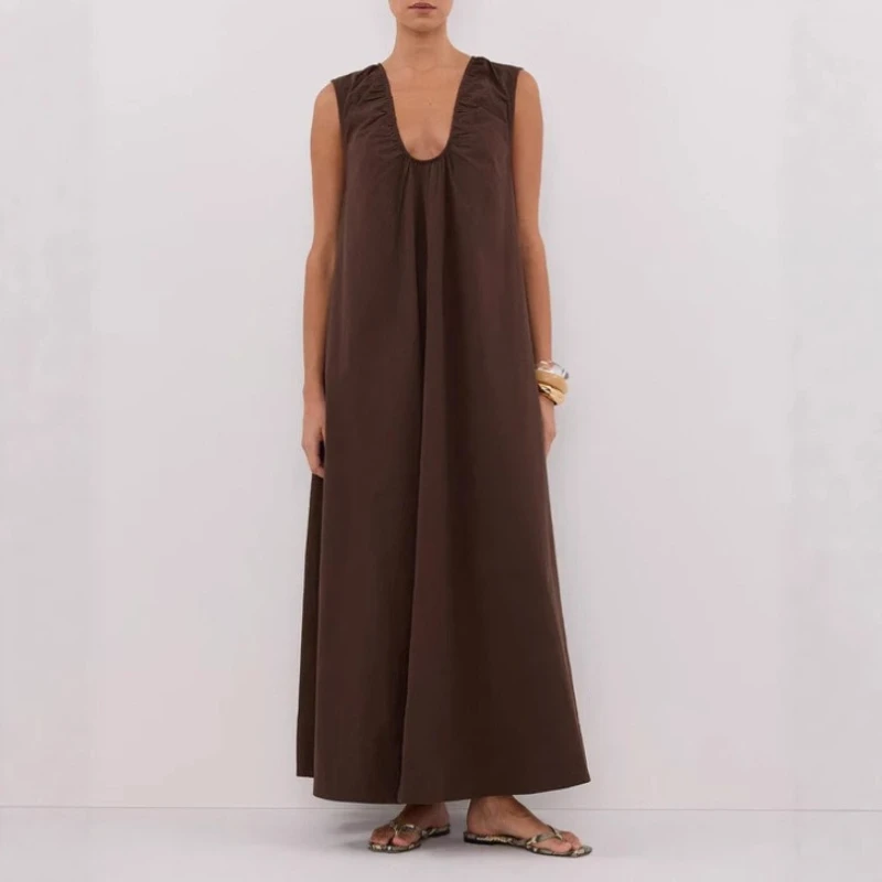 

2025 Autumn Simple Wind Loose Sleeveless Dress Pleated V-neck Women's Vest Skirt