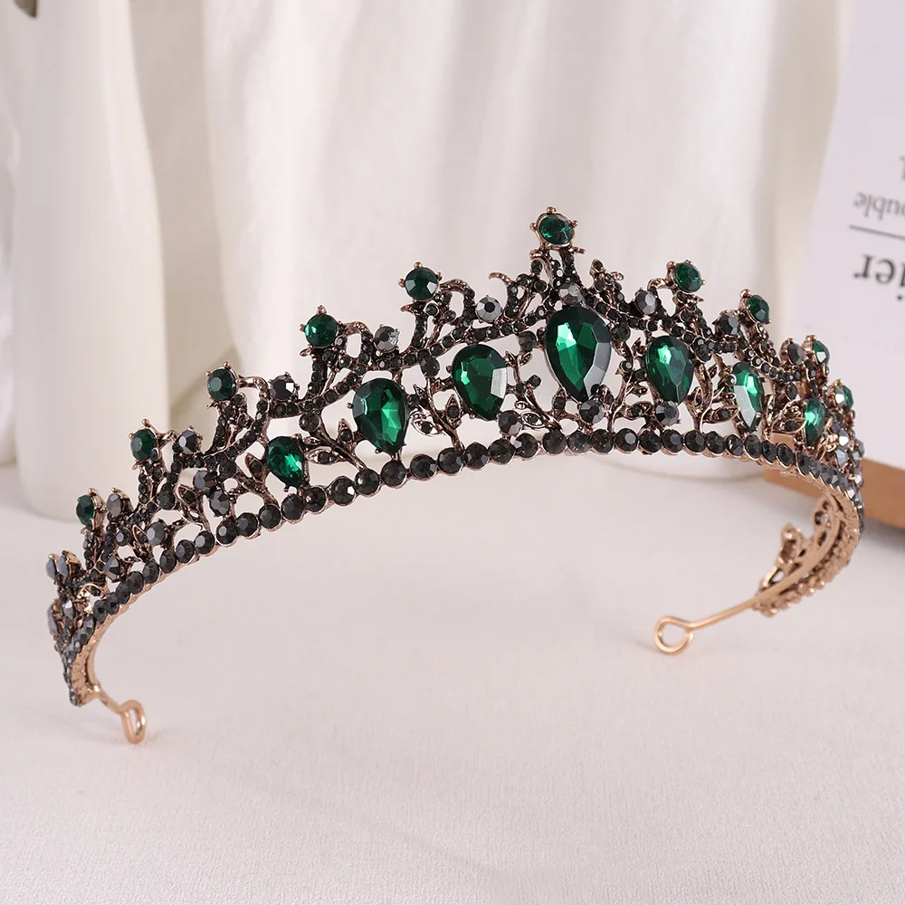 New Vintage Baroque Green Crystal Bridal Tiaras Headdress Rhinestone Pageant Diadem Party Wedding Crown Jewelry Hair Accessories