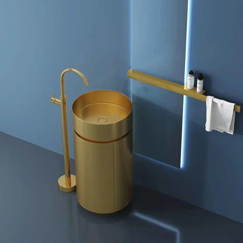 

Creative 304 stainless steel column basin with storage compartment integrated floor mounted washbasin bathroom