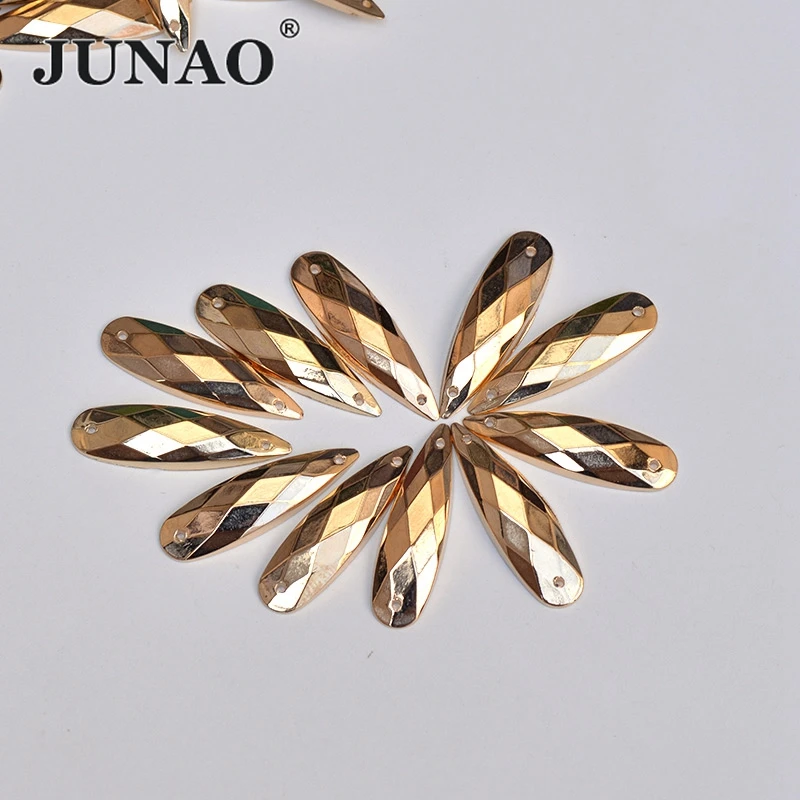 JUNAO 8x28mm Sew On Golden Drop Rhinestones Applique Large Acrylic Strass Flatback Sewing Crystal Stones For Needlework