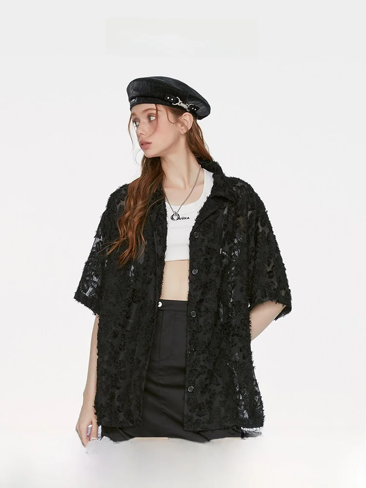 Guukahero Women's Loose Fit Short Sleeve Cuban Collar Shirt Semi-Transparent Lace Detail Black Short Sleeve Blouse Autumn Wear