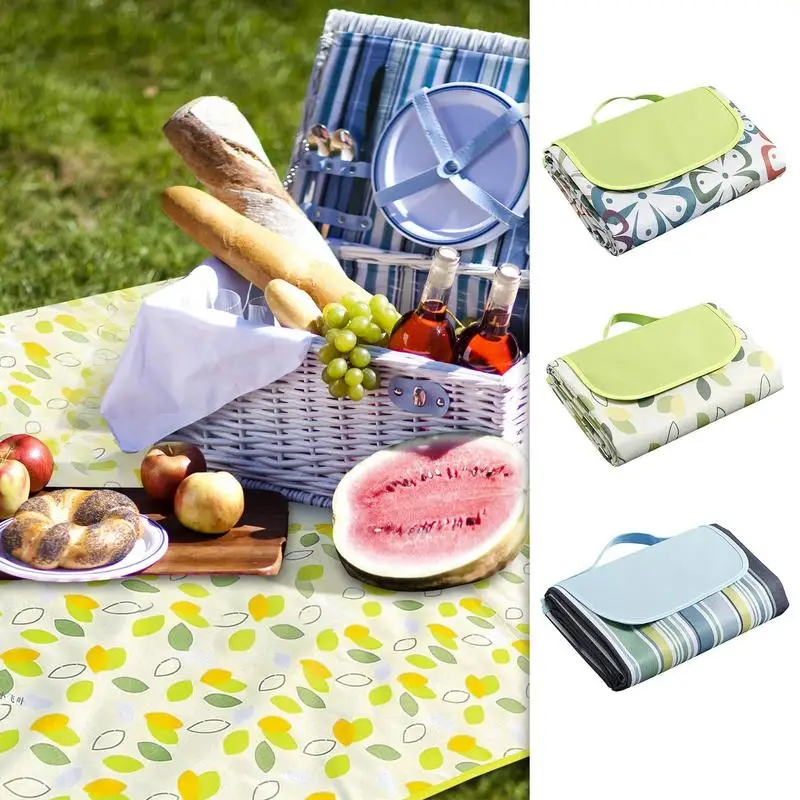 Picnic Blanket, 600D Oxford Cloth PVC Waterproof Mat, Camping Sand Beach Rug, Foldable Travel Carrying Carpet With Handle