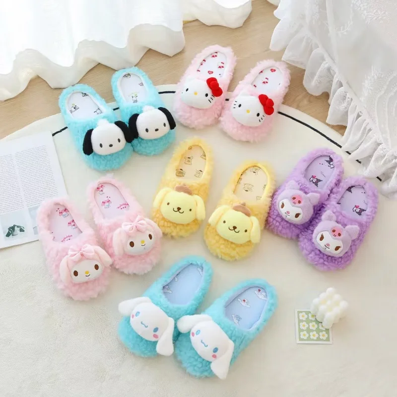 Sanrio Hello Kitty cute sweet warm home women's shoes Kulomi cartoon versatile non-slip flat-bottomed plush cotton slippers