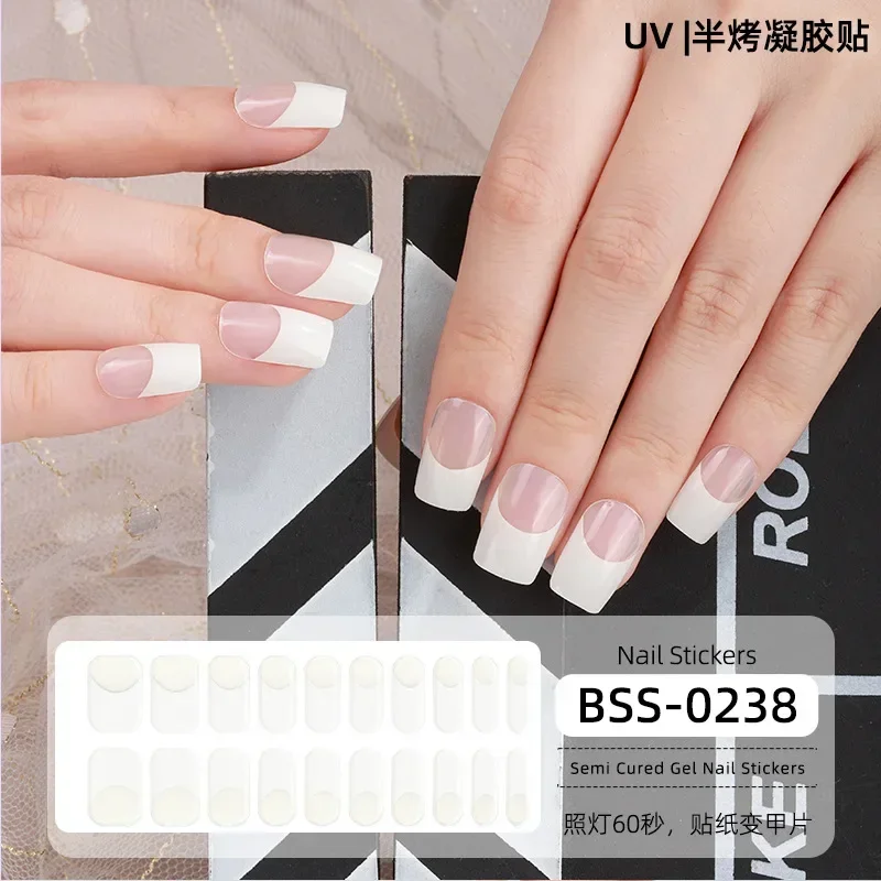 20 Strips Semi Cured Gel Nail Stickers Set for UV Lamp Full Cover French Colorful Manicure DIY Women Fashion Nail Art Decoration