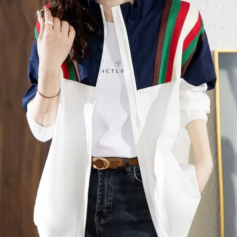 Korean Varsity Women Sunscreen Bomber Jacket Spring Summer Thin Striped Contrast Color Fashion Harajuku Loose Zipper Casual Coat