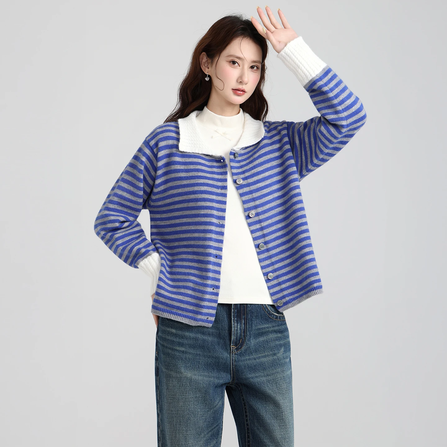 Color Blocking Striped Polo Collar Long Sleeved Knitted Cardigan for Women, Autumn Loose and Lazy Sweater Jacket