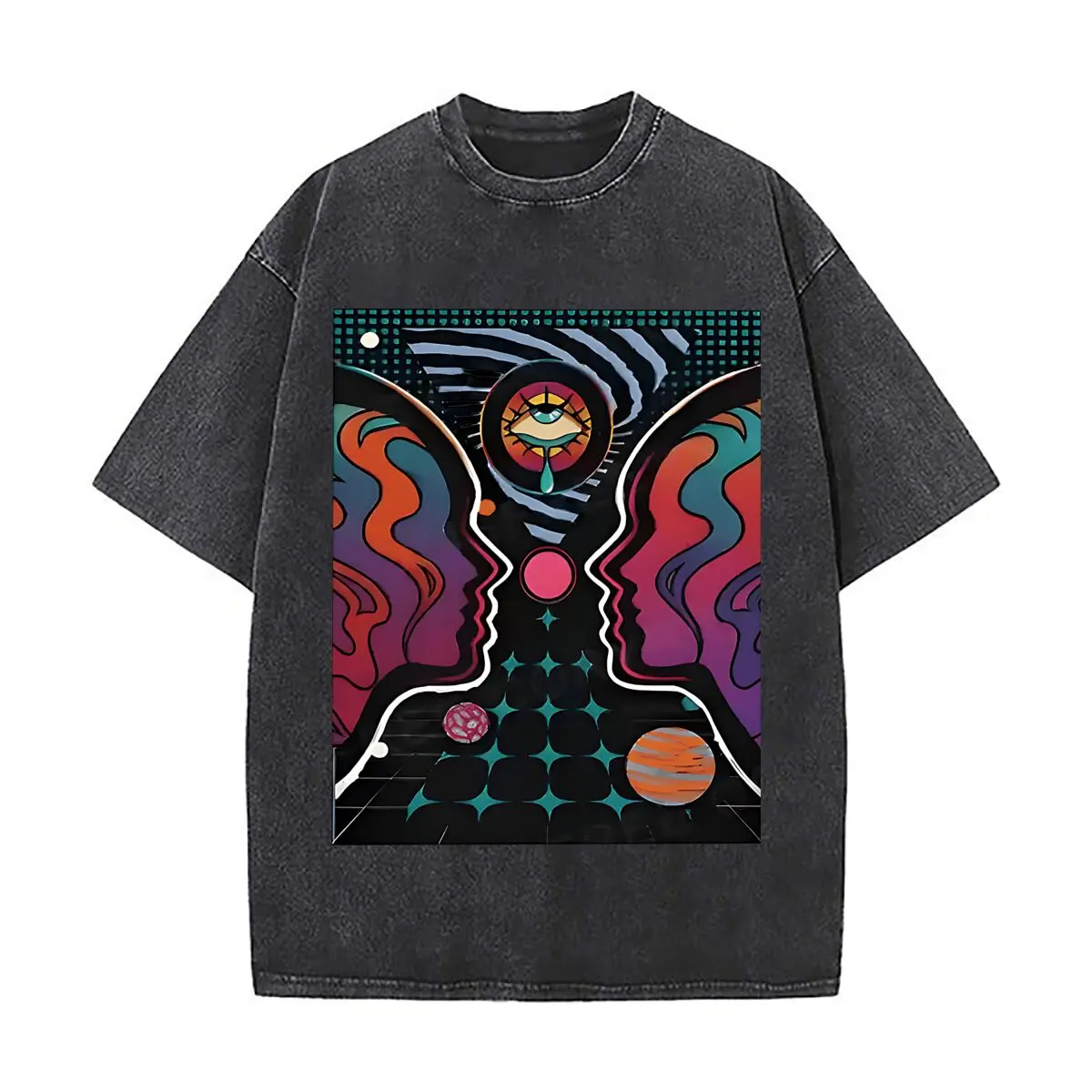 Psychedelic Dual Faces Cosmic Canvas Wall Art Home Decor Washed Distressed Loose Streetwear Tops for City Walks