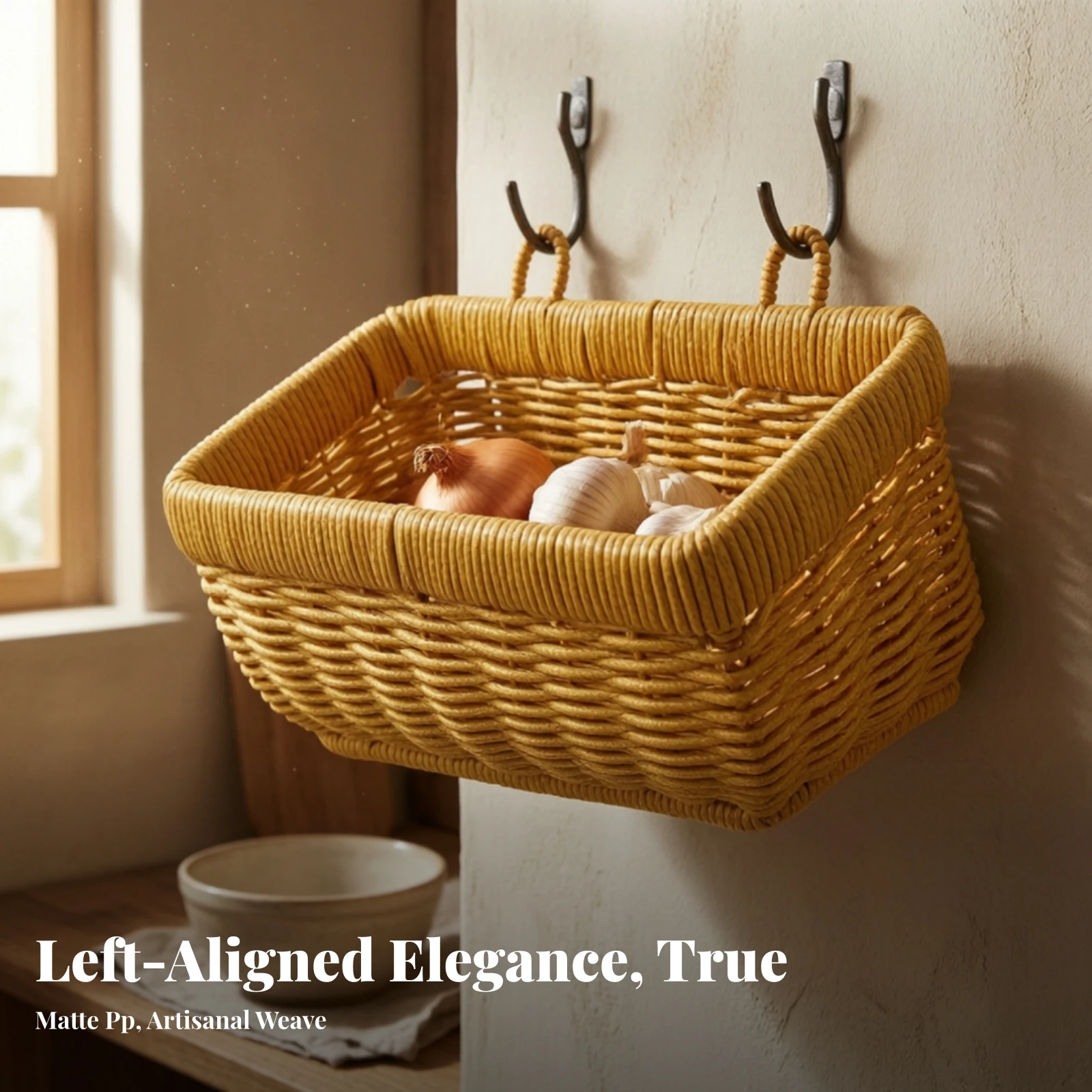 Wall Basket with Arched Handle Sturdy Woven Wicker Storage Basket Space-Saving Natural for Entryway, Kitchen view 3