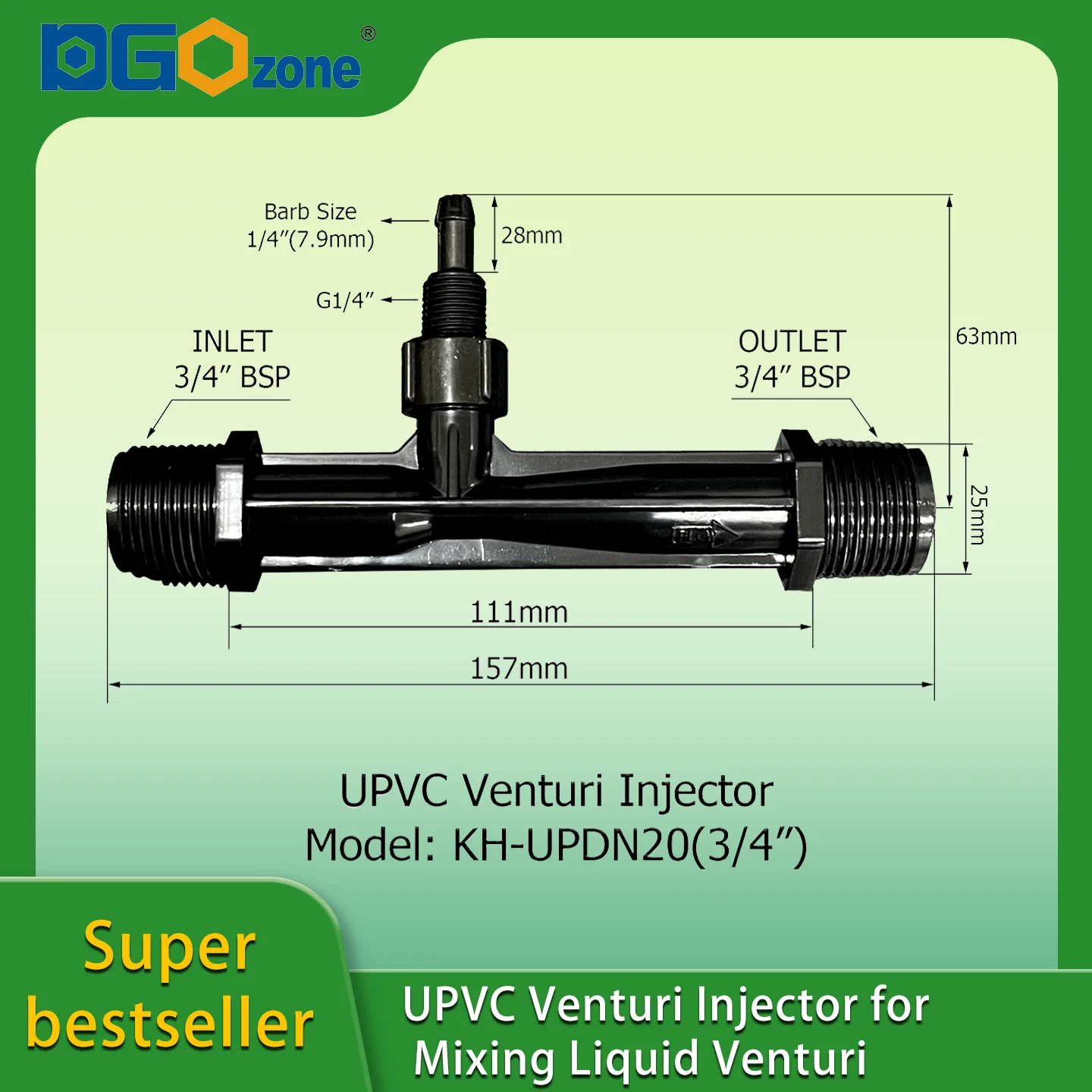 UPVC Venturi-Injektor zum Mischen von Flüssigkeitsventuri mit Ventil BSP-Gewinde 1/2" 3/4" 1/4" 1" DGOzone