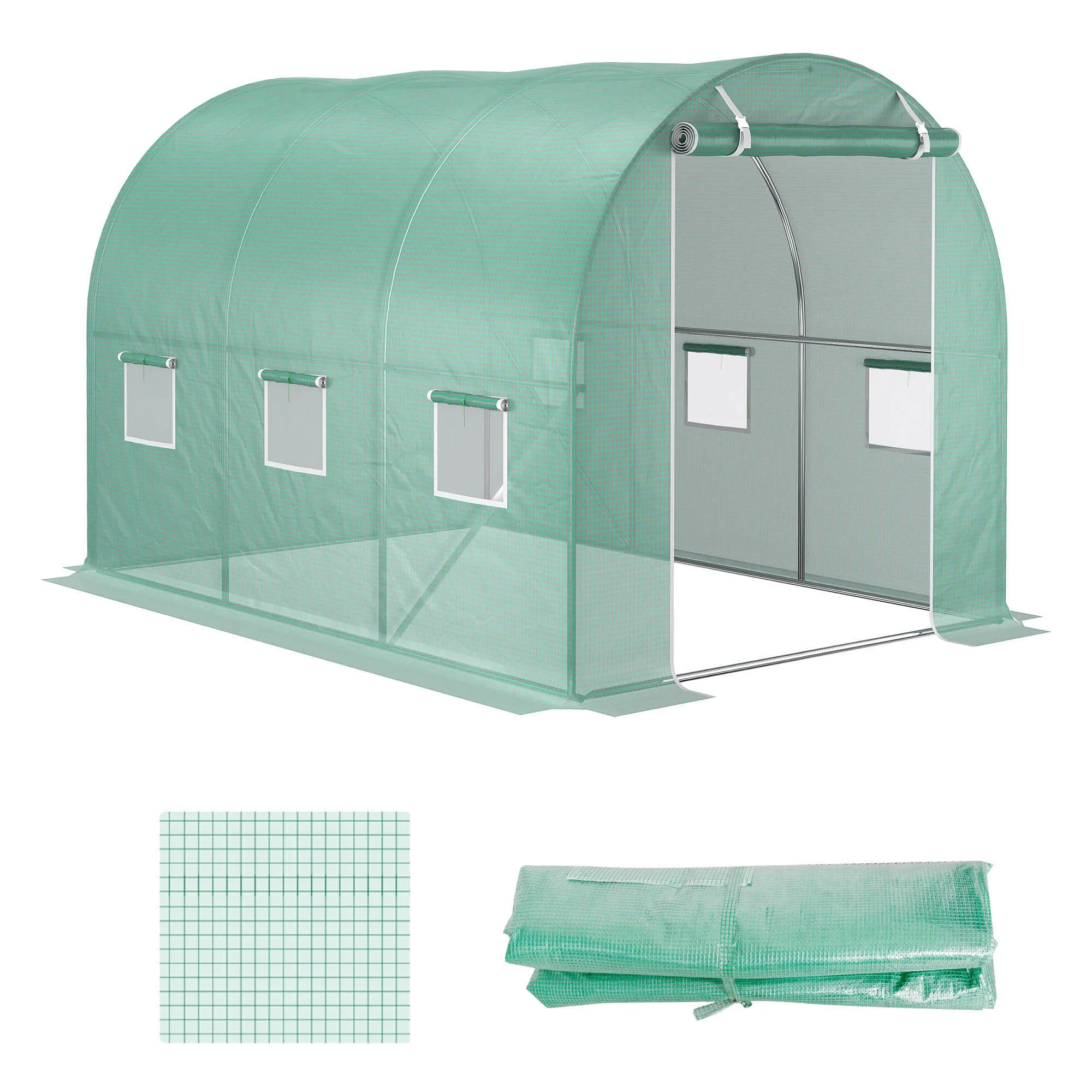 Telo di ricambio per serra, 6 finestre, porta a rullo, bordi per installazione a terra, 3x2x2 m, verde.