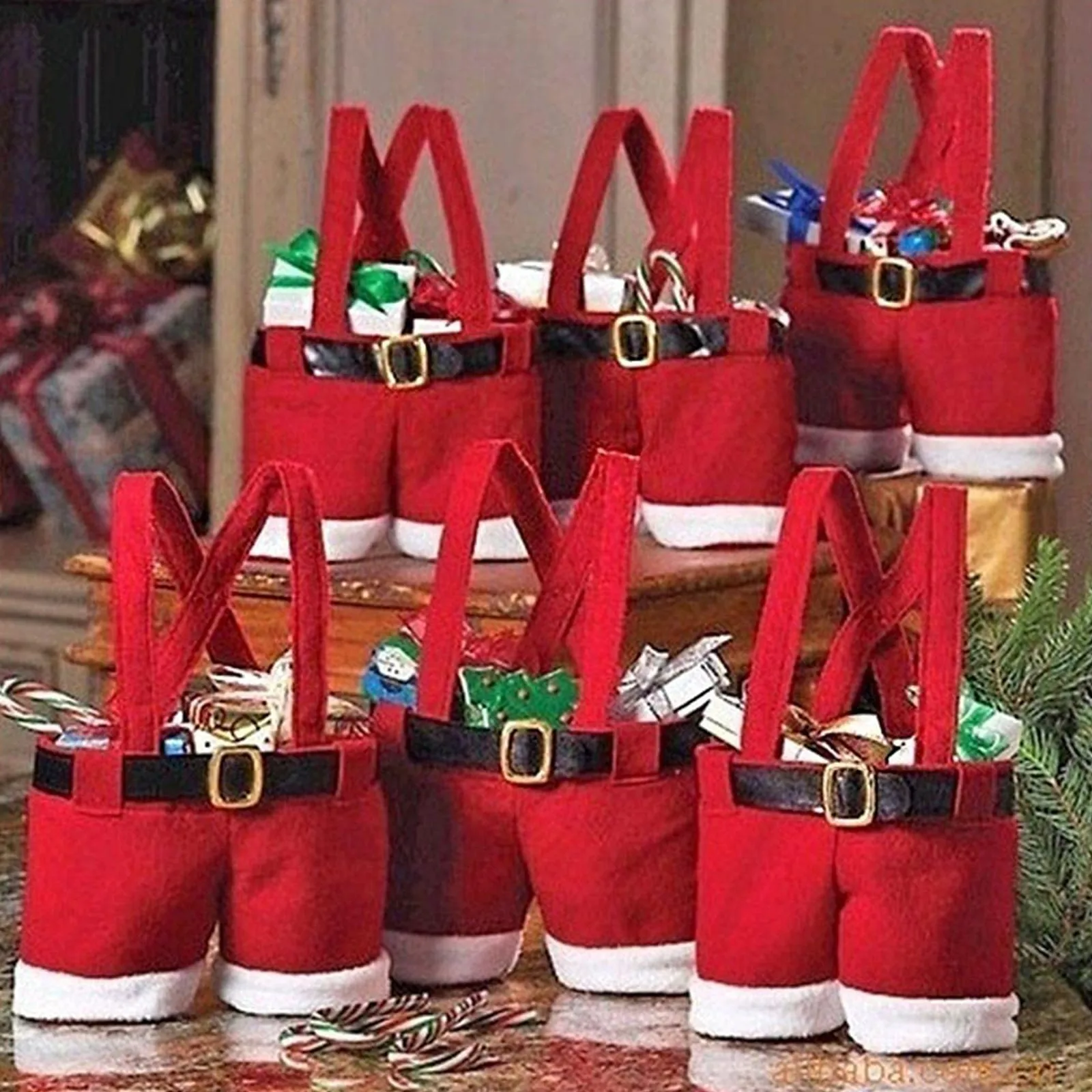 New Christmas Buckram Santa Pants Bag Large Handbag Candy Wine Gift Bag Xmas Decor Cheer Gift Treat Candy Wine Bottle Holder