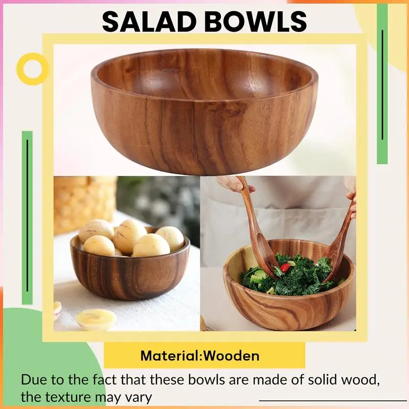 

A93Z Natural Hand-Made Wooden Salad Bowl Classic Large Round Salad Soup Dining Bowl Plates Wood Kitchen Utensils